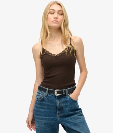 Superdry Women's Ladies Slim Fit Lace Trim Athletic Essential Cami Top, Dark Brown, Size: 10-12