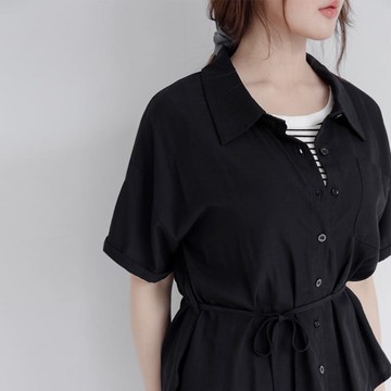 輕氧仿天絲麻料短袖襯衫(附綁帶) 中大尺碼上衣