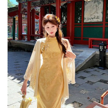 【夏天Summer】🔥新中式長袖旗袍 國風天絲提花金色長裙 旗袍長裙 旗袍 改良旗袍 春酒 尾牙旗袍 宴會 婚禮 旗袍