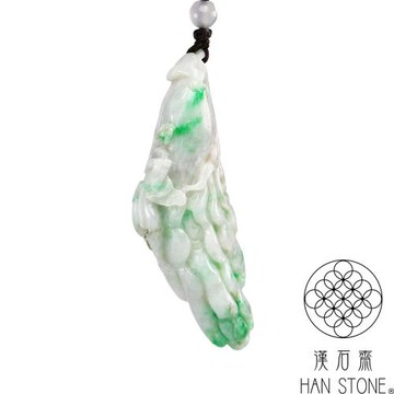 【漢石齋】天然翡翠A貨 瑞獸人參玉佩吊墜 飄花種帶紫羅蘭辣綠(68*21*14mm)