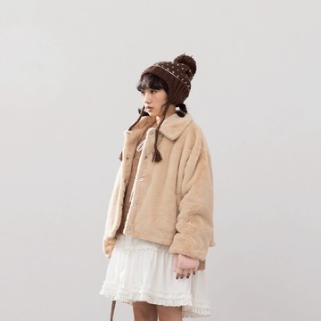 QUEENSHOP_F 女裝 質感毛絨翻領厚外套長短雙版型-卡其 M/L 現+預 【02071666】