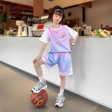 臺灣-出貨🔥女童籃球服 夏季套裝 透氣速乾 漸變短袖 中大童 運動兩件套 潮款 女孩童裝
