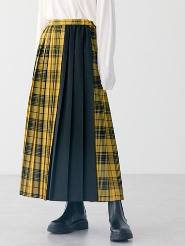 不對稱格紋x素色拼接百褶長裙(HA43L0L0300) - AMERICAN HOLIC