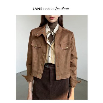 JANE美拉德風麂皮絨立領設計感外套女23秋冬顯瘦短款長袖夾克上衣
