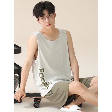 冰絲男士睡衣男夏季無袖背心短褲薄款青少年男生家居服套裝