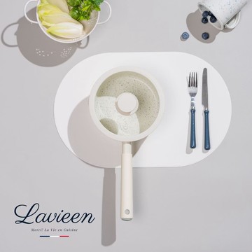 【Korea King】La Vie En 法式優雅天然陶瓷不沾單柄湯鍋(附鍋蓋) 18cm - 雲石白