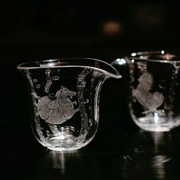 琉璃公杯 手工刻繪馬年公杯 馬上有福/馬上有錢 手工氣泡琉璃茶海