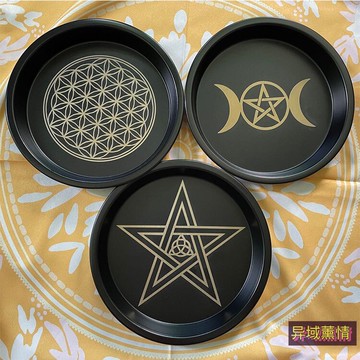 圓形三相月五芒星燭臺收納盤托盤 生命之花 置物盤擺件 黑色燭盤