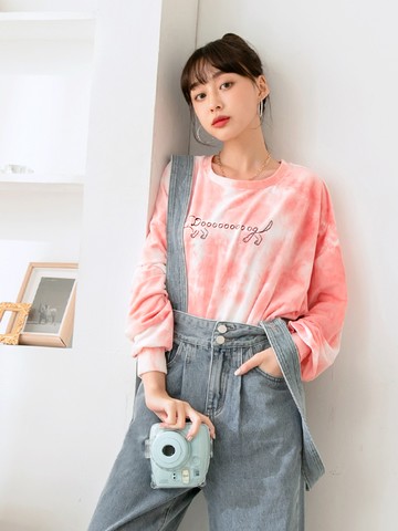 紮染萌犬印花長版法蘭絨上衣/大學T