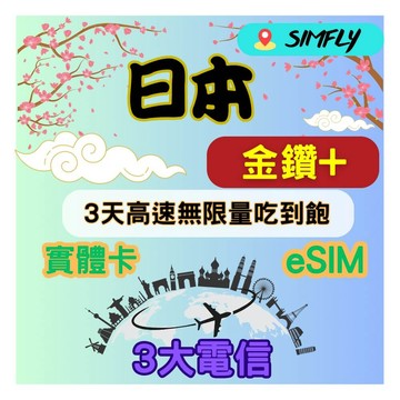 SIMFLY 金鑽+ 日本3天高速無限量 吃到飽 適 Youtube/Netflix佳