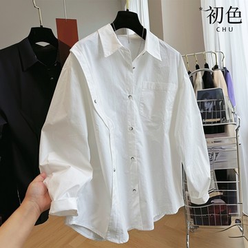 初色 寬鬆翻領長袖單排釦襯衫上衣女上衣-共2色-38518(M-2XL可選)
