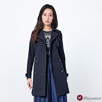 KeyWear奇威名品    100%棉經典中長版風衣-黑色