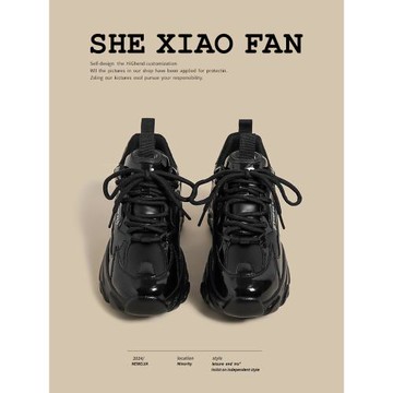 厚底老爹鞋女2025秋冬季新款復古黑色爆款港風小眾亮面增高運動鞋