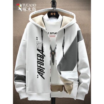 啄木鳥羊羔絨衛衣男士套裝秋冬季新款潮流開衫加絨加厚外套男冬裝