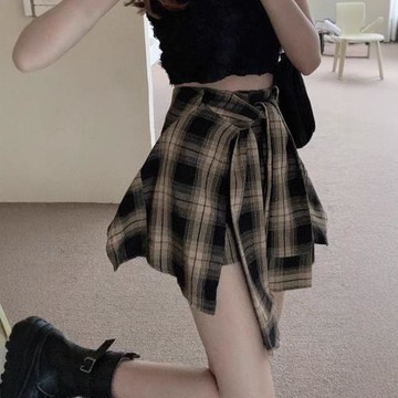 不規則格子休閑半身裙女2025夏季新款復古高腰辣妹假兩件短褲裙子
