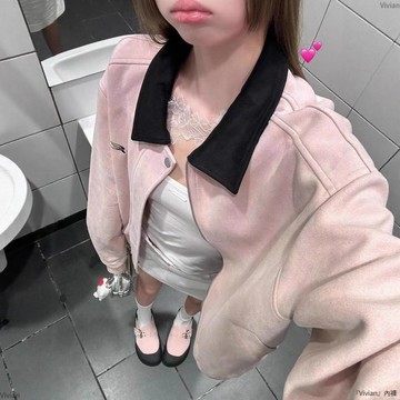 美式復古撞色翻領設計感夾克秋冬季慵懶風上衣女