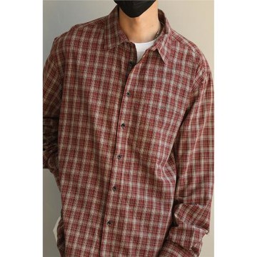 LH store新款美式復古格子長袖襯衫男女寬松休閑潮牌情侶襯衣外套