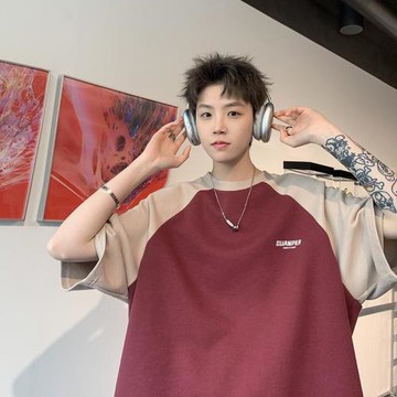 圓領短袖t恤男夏季薄款寬松休閑上衣美式拼接潮牌體恤衫男裝衣服