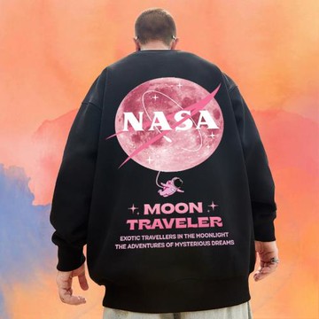 潮牌衛衣男士秋冬加絨圓領長袖T恤寬松大碼上衣中國風宇航員情侶