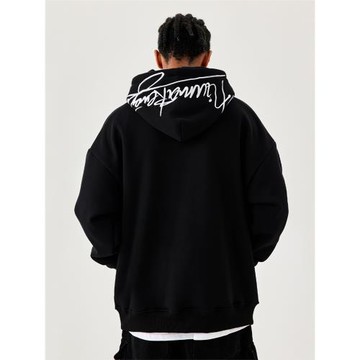 第76人類NMK高街小眾設計刺繡字母重磅連帽衛衣男女秋冬加絨黑色