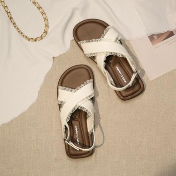 韓系涼鞋夏透氣外穿交叉帶2025新款復古配裙子羅馬平底花邊沙灘鞋