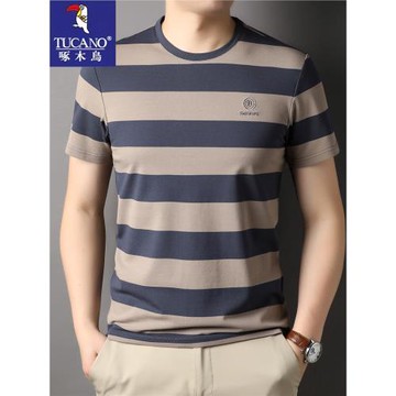 啄木鳥圓領條紋短袖t恤男夏薄款純棉寬松休閑半袖男裝上衣打底衫