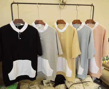 FINDSENSE MD 韓國 潮 男 時尚 休閒 寬鬆 五分袖 小立領鈕扣 拼色大口袋 短袖T恤 特色短T 素面T