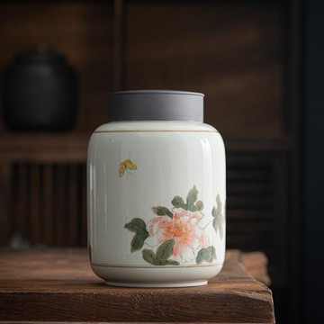 茶葉罐陶瓷密封罐大號手繪直筒茶罐雙蓋自吸醒茶存儲普洱家用防潮