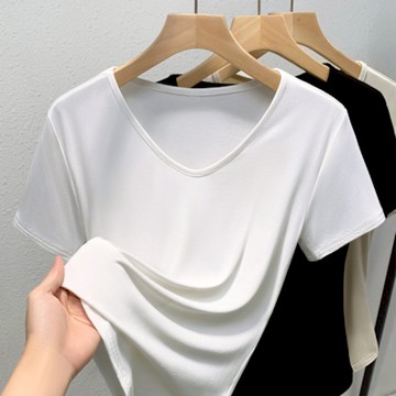 設計所在 專注內搭系列 莫代爾短袖T恤v領弧形下襬上衣(5色 S-XL可選)