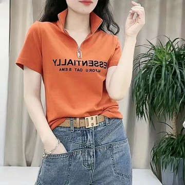立領短袖上衣 polo 衫 上衣 夏季韓版時尚寬鬆百搭顯瘦上衣 立領拉鏈短袖polo 衫 韓國服飾 中年媽媽裝 歐美穿搭