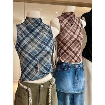 熱辣美式穿搭格子小背心女夏外穿修身內搭網紗薄款工字型無袖上衣