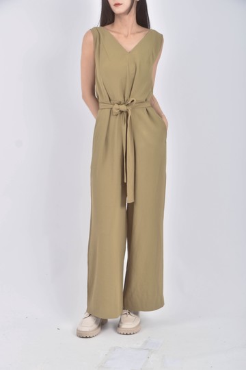 (F) everlane高腰質感無袖綠色綁帶連身裝