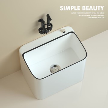 北歐簡約黑邊藏藍色加高陶瓷拖把池家用陽臺衛生間庭院落地式槽池 b8031