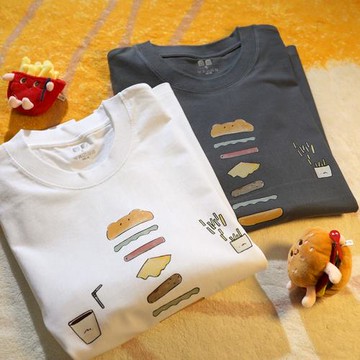 Upch 吃飽喝足，快樂起飛！日系休閑情侶男女純棉t恤夏天短袖寬松