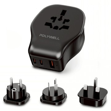 POLYWELL 寶利威爾 替換式萬國轉接頭 20W Type-C 2個 + USB-A 附多國轉接頭 無台灣/北美插頭 PW15-T05-A141  黑色  1個