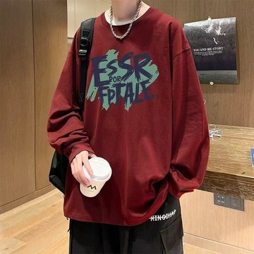 春秋季酒紅色長袖打底衫寬鬆大碼潮牌印花insT恤男生潮流簡約上衣