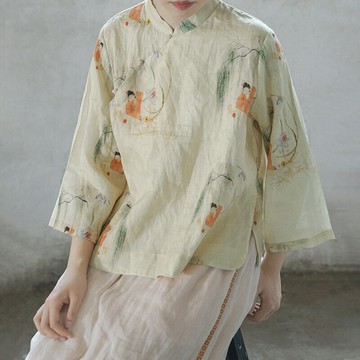 原創文藝復古中國風印花斜襟襯衫新中式珠扣禪意茶服上衣改良漢服