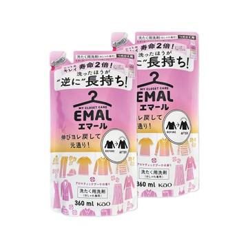 (2袋超值組)日本KAO花王-EMAL精緻衣物護色香氛防縮抗褶皺洗衣精補充包360ml/袋-柔和花香(粉)(衣物柔軟芳香除悶臭,滾筒/直立式皆適用)