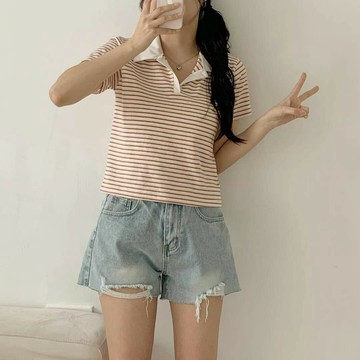韓國東大門正品 純棉舒適 條紋襯衫翻領短袖圓領短版上衣短T polo衫