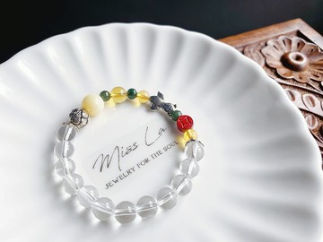 天然緬甸玉翡翠 蓮年有魚 硃砂 黃水晶 白水晶 硨磲 設計