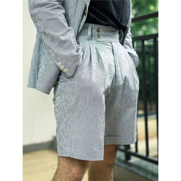 高腰那不勒斯巴黎扣五分寬松短褲 改良版男士條紋泡泡紗廓形褲