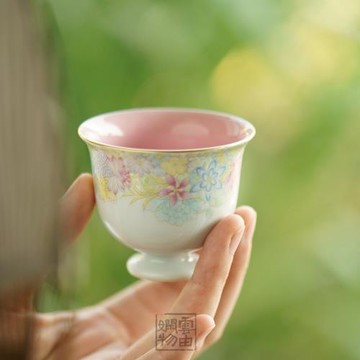 云由山坊萬花高腳主人杯景德鎮瓷手繪功夫茶具豆青牡丹高腳大茶杯