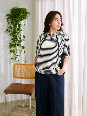 雲朵自訂款-棉質條紋層次拼接連帽上衣