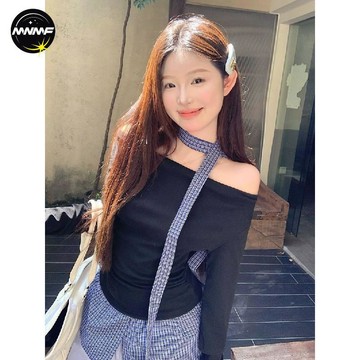 【MNMF】🍧有貨🍧假兩件一字肩格子拼接長袖T恤女秋季辣妹氣質修身打底上衣