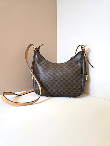 稀有中古二手Celine咖啡色老花餃子皮革單肩側背斜孭揹小包手袋