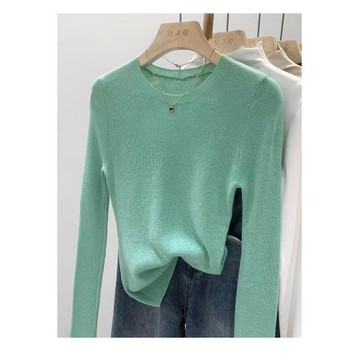薄荷綠短款長袖內搭打底衫女春秋羊毛毛衣軟糯氣質修身針織衫上衣