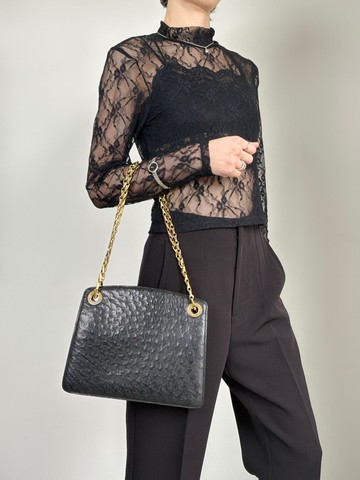 【日本直送 名牌中古包】CELINE 賽琳 手提包 黑色 圓形標誌 鴕鳥皮 鏈帶 vintage uyxx4c