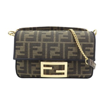 FENDI 芬迪 棕色 花帆布 Mini Baguette 單肩包 兩用包 8BS017 【二手名牌BRAND OFF】