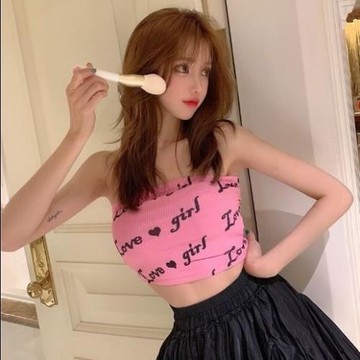 辣妹一字領抹胸背心女夏季2026年新款修身顯瘦字母印花短款上衣潮