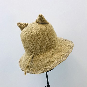 日系可愛貓咪耳朵小尾巴盆帽可折疊漁夫帽女夏天沙灘防曬遮陽帽子1入